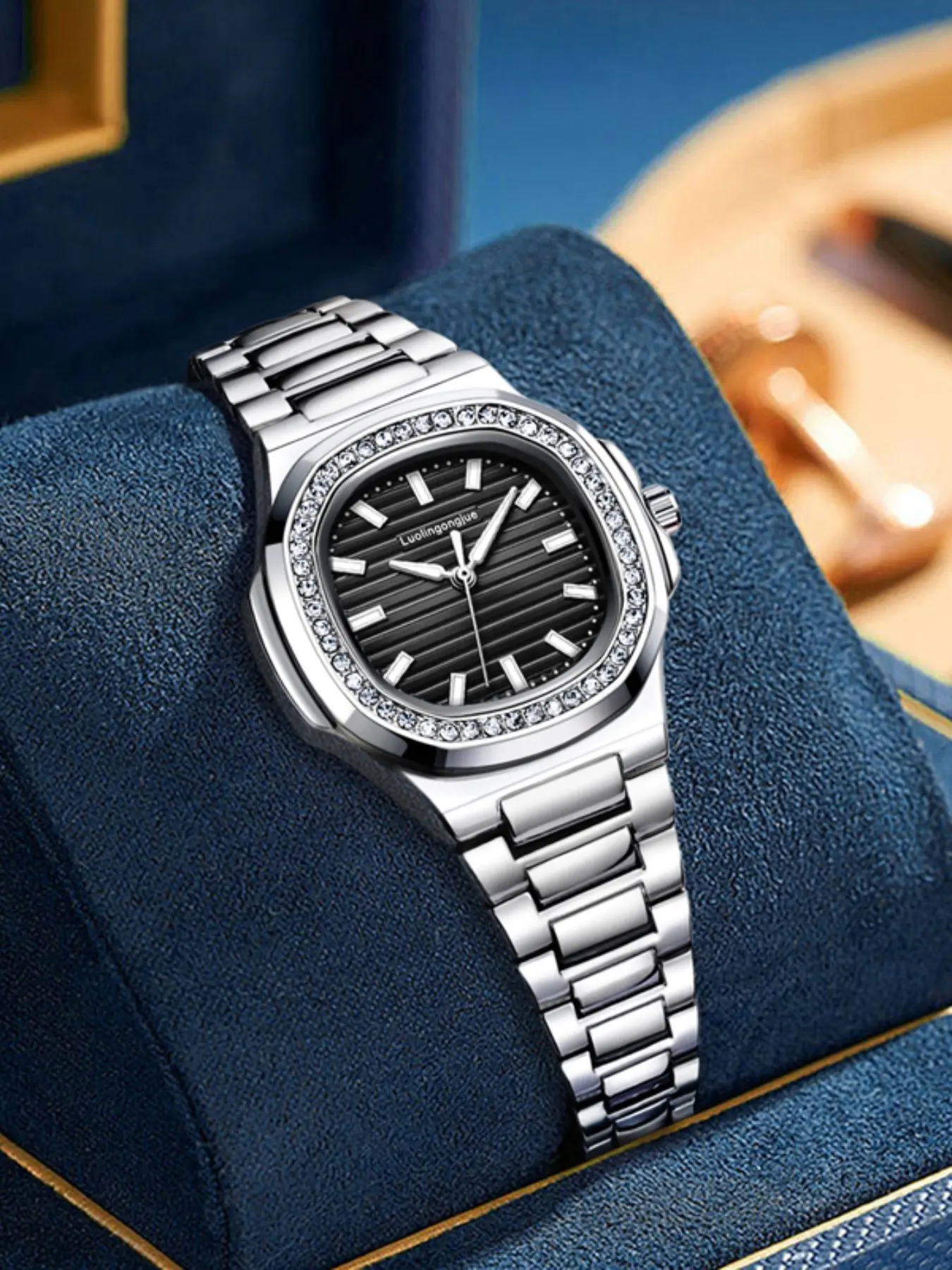 Women's Mechanical Watch, Square Dial, Rhinestone Design, Alloy Case, Mineral Glass, Business Casual Style