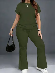 Plus Size Women's 2 Piece Short Sleeve Set, Round Neck Top + High Waist Flare Pants, Soft Comfortable Fabric, Casual Spring & Fall