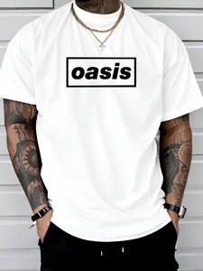 Men's Oasis Band Print Round Neck Short Sleeve T-Shirt, Casual Sporty Breathable Loose Fit Top for Spring Summer Outdoor Activities