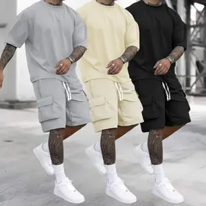 Men’s Summer Three-Piece Loose Solid Color Sports Set — solid color short-sleeve T-shirt set paired with summer cargo shorts featuring pockets. Comfortable and breathable, suitable for gym workouts, running, everyday casual wear, and street style.