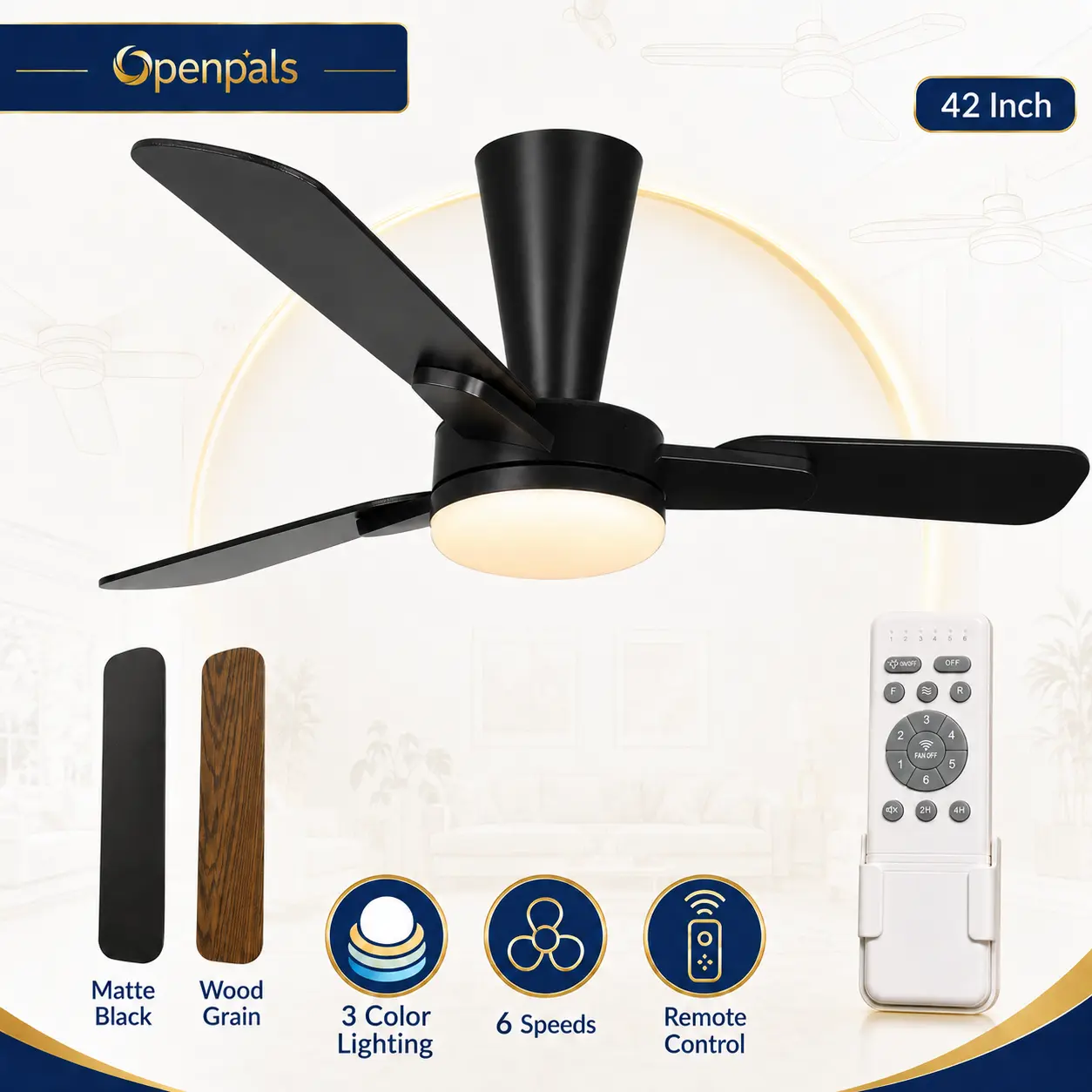 42 Inch Ceiling Fan with Lights and Remote Modern Black 5-Blade Ceiling Fan 6 Speed 3 Color Light Modes Indoor Smart Ceiling Fan Light for Bedroom Living Room 30-Year Warranty