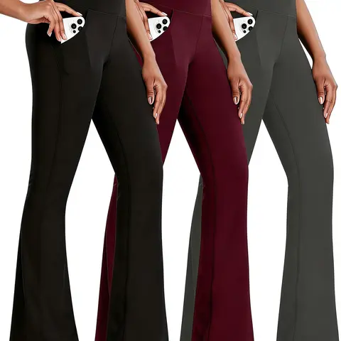 3PCS High-Stretch Soft Fabric Women's High-Waisted Flared Yoga Leggings with Pocket Design Tummy Control Workout Pants for Sports All-Season
