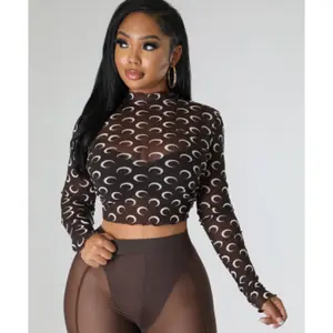 Moon Crop Top Long sleeve Polyester Sheer