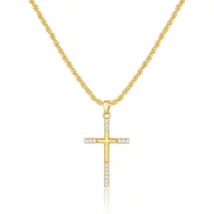 Aprilery Gold Cross Necklace, Edge Paved with Shimmering Accent Stones, Classic Cross Shape, Delicate Fashion Design, Religious Style Temperament Accessory, Fits Various Outfit Styles, Elegant Jewelry for Daily Wear or Church Events
