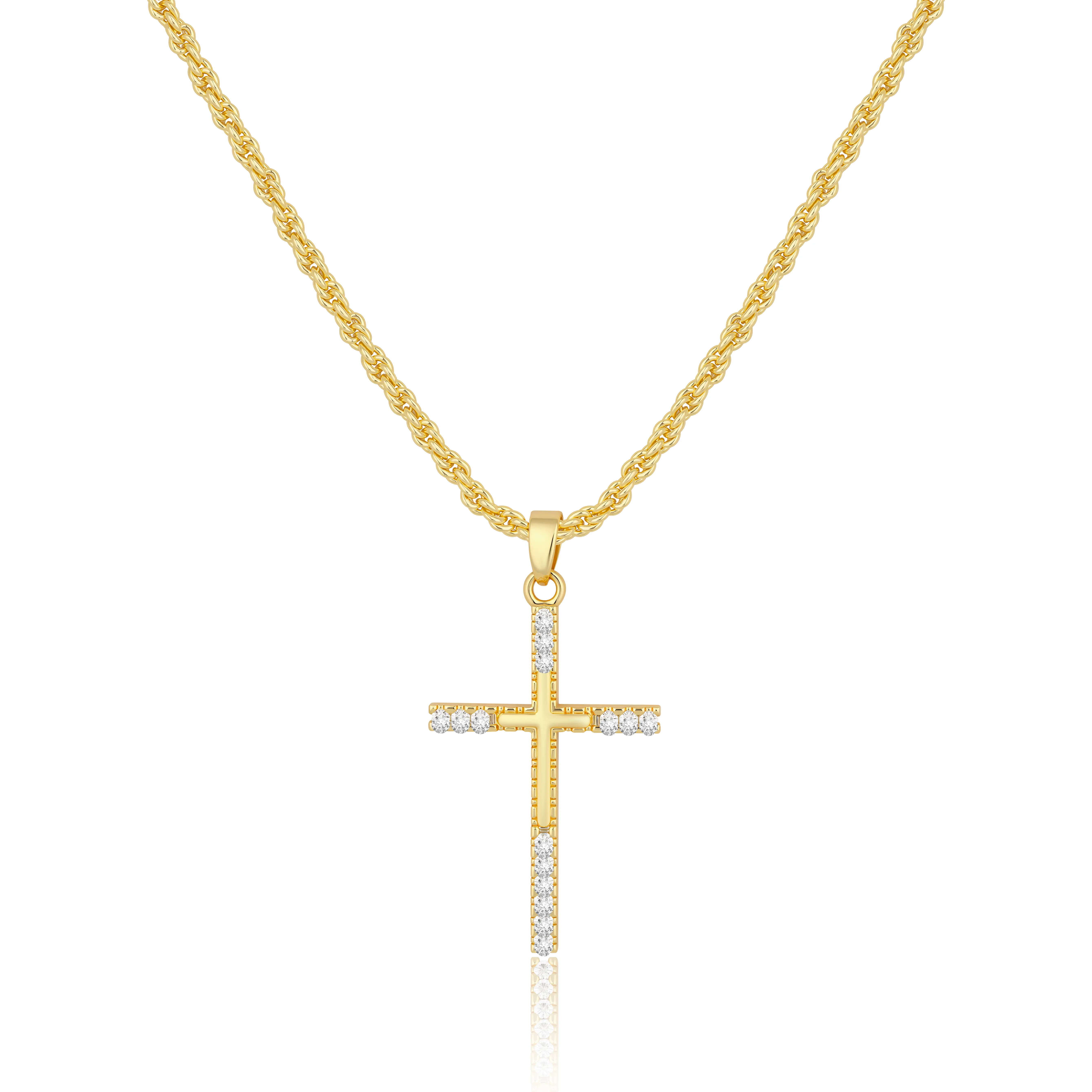 Aprilery Gold Cross Necklace, Edge Paved with Shimmering Accent Stones, Classic Cross Shape, Delicate Fashion Design, Religious Style Temperament Accessory, Fits Various Outfit Styles, Elegant Jewelry for Daily Wear or Church Events