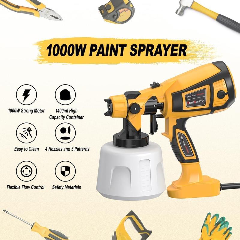1000W High-Efficiency Electric Paint Sprayer, Cordless HVLP Paint Sprayer for Indoor and Outdoor Use with 10 Accessories, Suitable for House Paint and Color Sprayers on Fences, Furniture, Cabinets, and Walls.