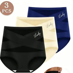 Women's 3-Piece High-Waist Ice Silk Seamless Triangle Panties - Smooth, Comfortable, Breathable Mesh Cross-Design Everyday Underwear