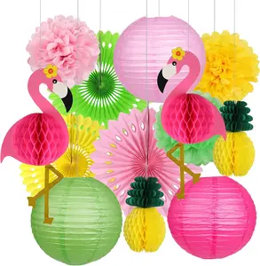 13Pcs Flamingo Party Supplies, Hawaiian Party Decorations Flamingo and Pineapple Honeycomb Ball Paper Lanterns Paper Fans Pom poms Flowers for Birthday Luau Tropical Bachelorette Party