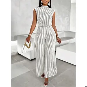 Pattern Random ( Travel And For Suitable - Wide Piece Cutout Sleeveless Striped Commuter Women s Small High Neck Back Detail One - Leg Trousers Commuting Office Daily )