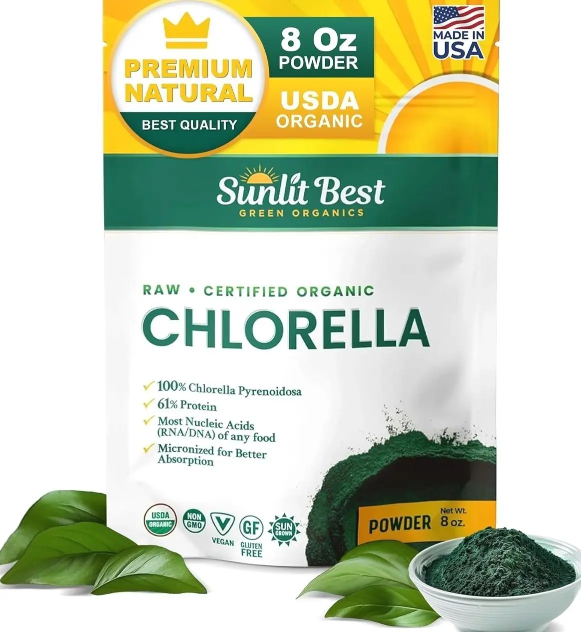 Sunlit Best Chlorella Powder Organic USDA, Green Algae Chlorella Powder, Broken Cell Wall Chlorellas, Raw Vegan Protein Chlorophyll - Non GMO, Gluten Free Superfood, Immune Support Supplement, 8 oz