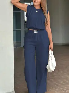Two-Piece Set Women's Solid Color Tank Top & Wide Leg Pants Set, Casual Fashion Cozy Breathable Two-piece Womenswear for Daily Outdoor Wear, Ladies Clothes for Summer, Suits