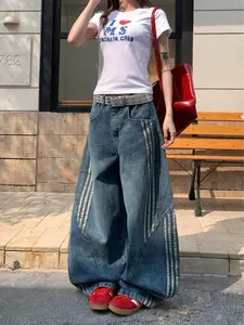2025 Women’s Wide Leg Jeans, Three-Stripe Stitched Washed Denim American Style