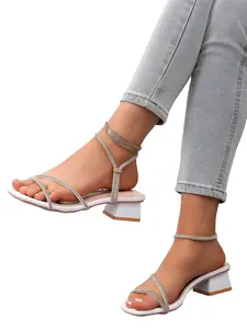 Women's Summer New Rhinestone Thin Strap Square Heel Sandals, Elegant Square Toe Anklet Design, Casual Party Evening Shoes
