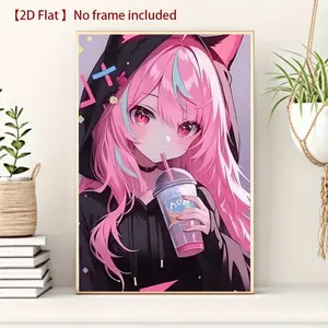 Anime Girl Canvas Art Poster with Vibrant Hair and Cat Ears, Perfect for Home, Office, or Café, Anime Wall Art, Office Decor, Lively Design