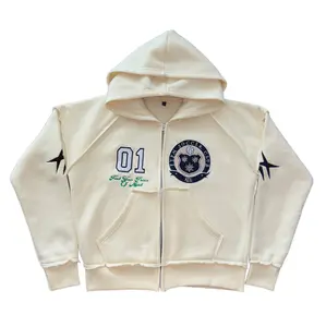 "Soccer Club" Zip-Up – Cream, Drop Shoulder Long Sleeve, Casual All Seasons, Medium Length, Premium Cotton Blend, Beige Crest, Varsity "01" Patch, Green Text, Cropped Relaxed Fit, Front Zipper, Kangaroo Pocket