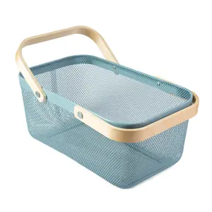 Portable Garden Harvest Basket-Mesh Design Natural Bamboo Handle Wire Storage Baskets,Mesh Basket with Handle Organize Items Reduce Space Occupation,Suitable for Kitchen,Garden,Picnic(Blue)