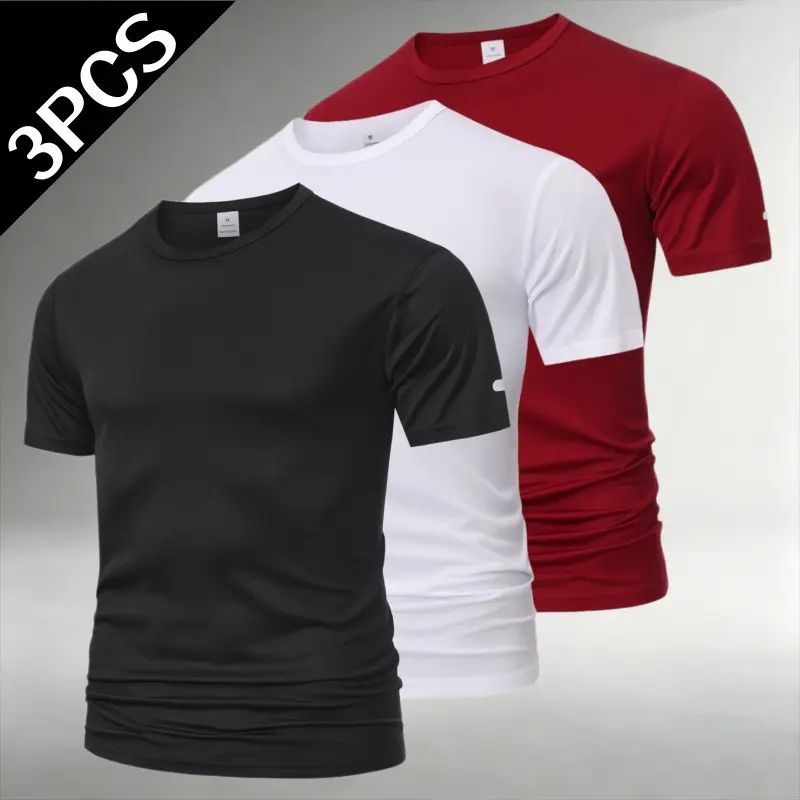 3-pack men’s crew neck quick-dry short-sleeve T-shirts, ice silk breathable quick-dry fabric, slim fit design, available in multiple colors—simple basic styles suitable for fitness, running, sports, and everyday wear across various occasions.