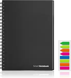 Reusable Smart Notebook - A6, Black, 6 Page Styles, Endlessly Reusable Note Pad, 2 Pen, Self-Stick Notes and Wipe Included (Lined and Dot-Grid Pages)