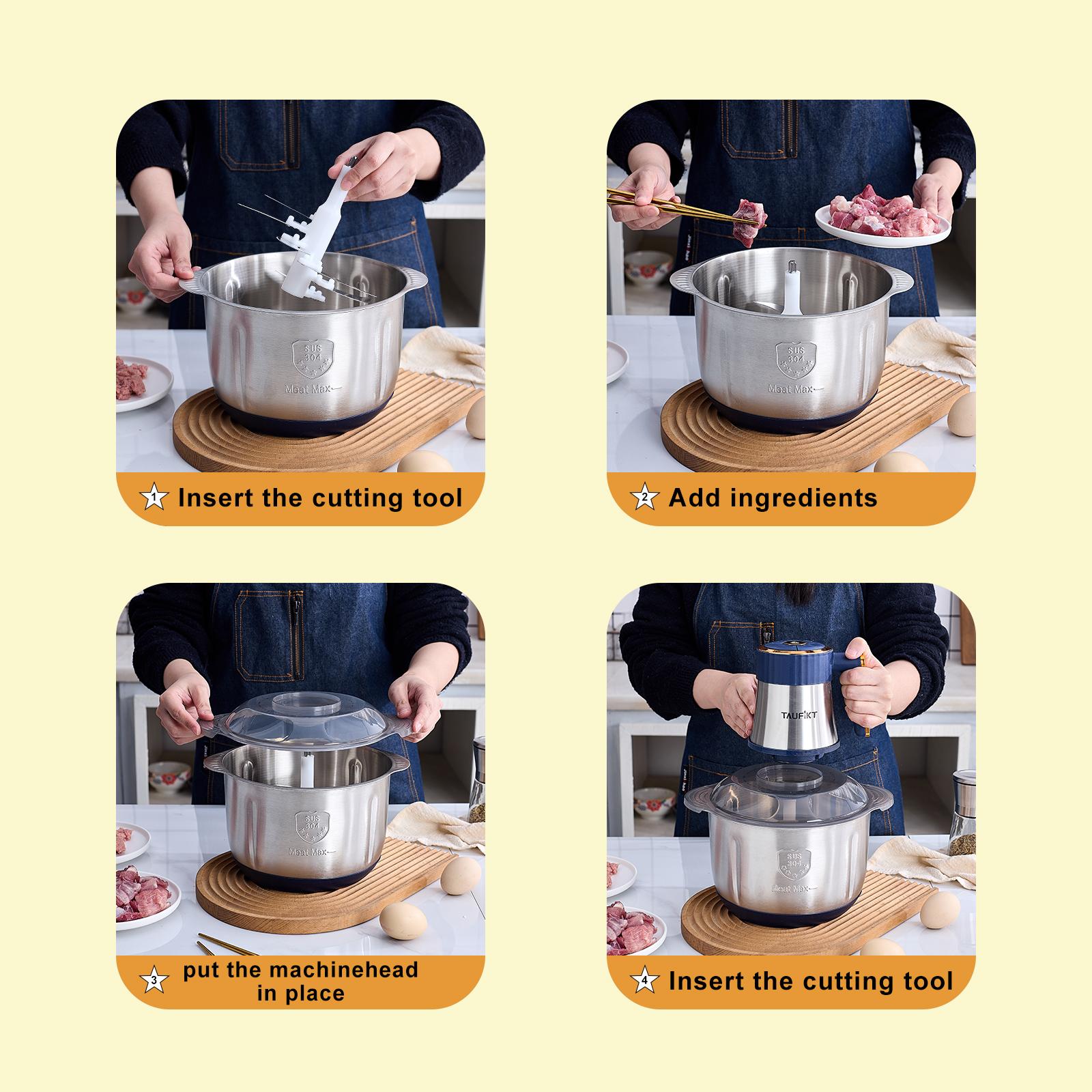 5L Food Processor & Meat Grinder, Vegetable Chopper with 6 Blades, Transparent Visual Lid and Stainless Steel Bowl, Easy to Clean, Dishwasher Safe