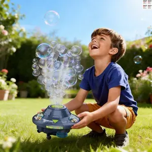 Kids Bubble Machine UfO Shape LED Lights Music, 360° Rotating Automatic Obstacle Avoidance, Electric Blow Bubbles ，Massive Bubble Output Safe Spring Summer Outdoor Funny Toy for Ages 3+Boys and Girls Birthday Gift