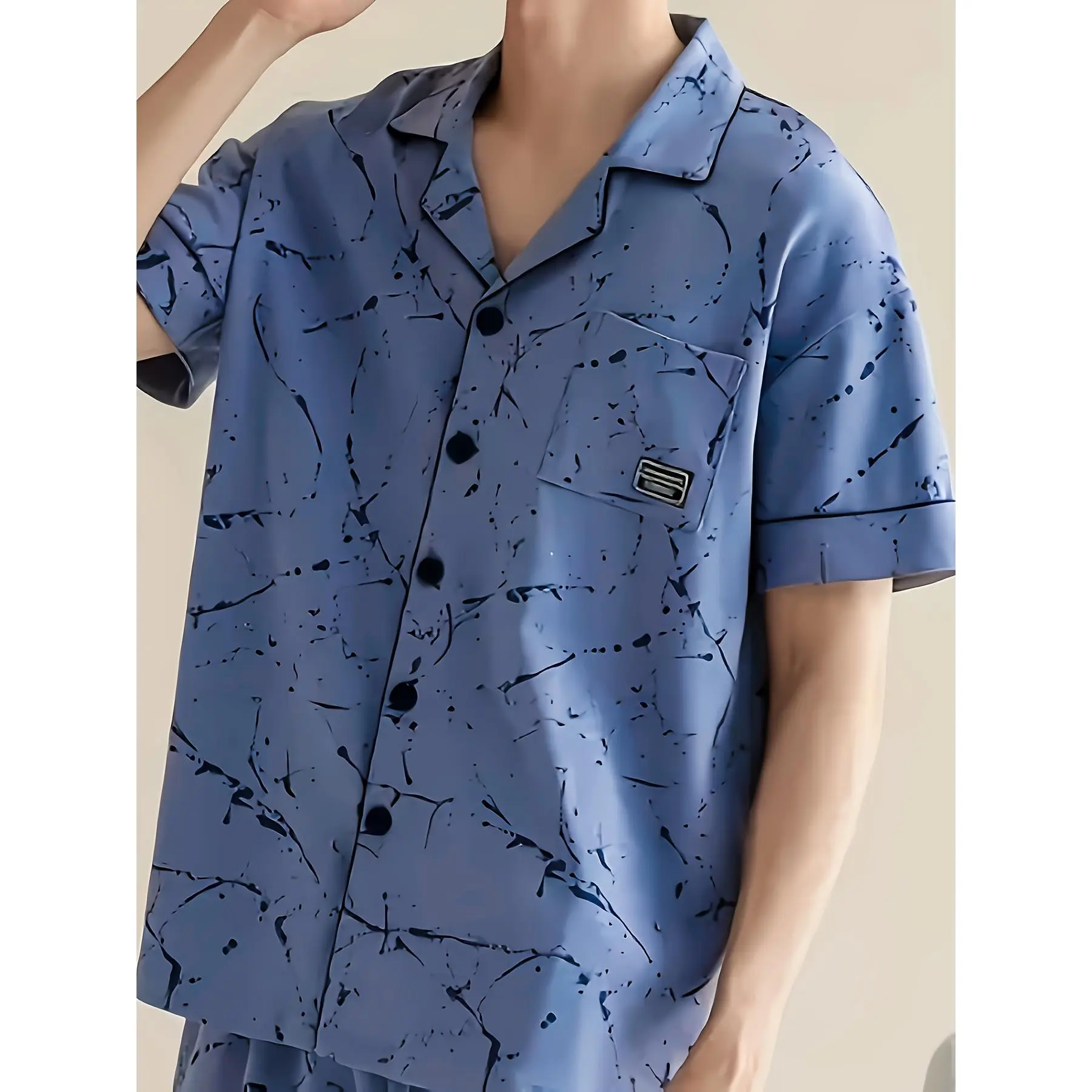 Men's 2-Piece Casual Geometric Pajamas Set - Short Sleeve Lapel Shirt & Pants, Stretch Polyester Fabric Menswear Nightwear, Summer Comfortable Loungewear Pyjamas, Elastane, Pajama Set, Regular Fit, Tops, Two Pieces