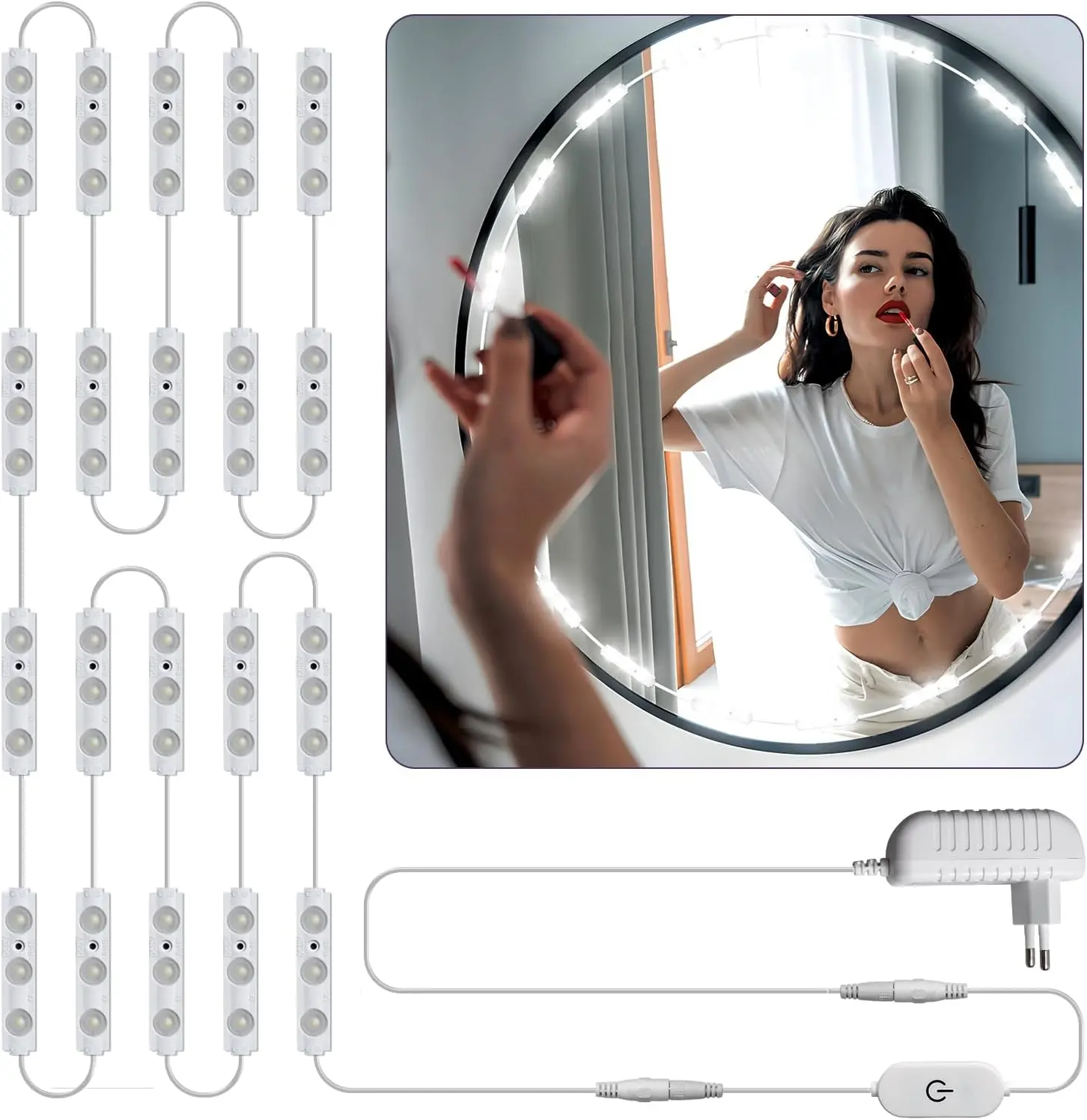 Defvnsy LED Mirror Lights, 10 ft Dimmable Mirror Lighting with 60 LEDs, 7000K Cool White LED Make Up Light with EU Cable, Makeup Strip Lights