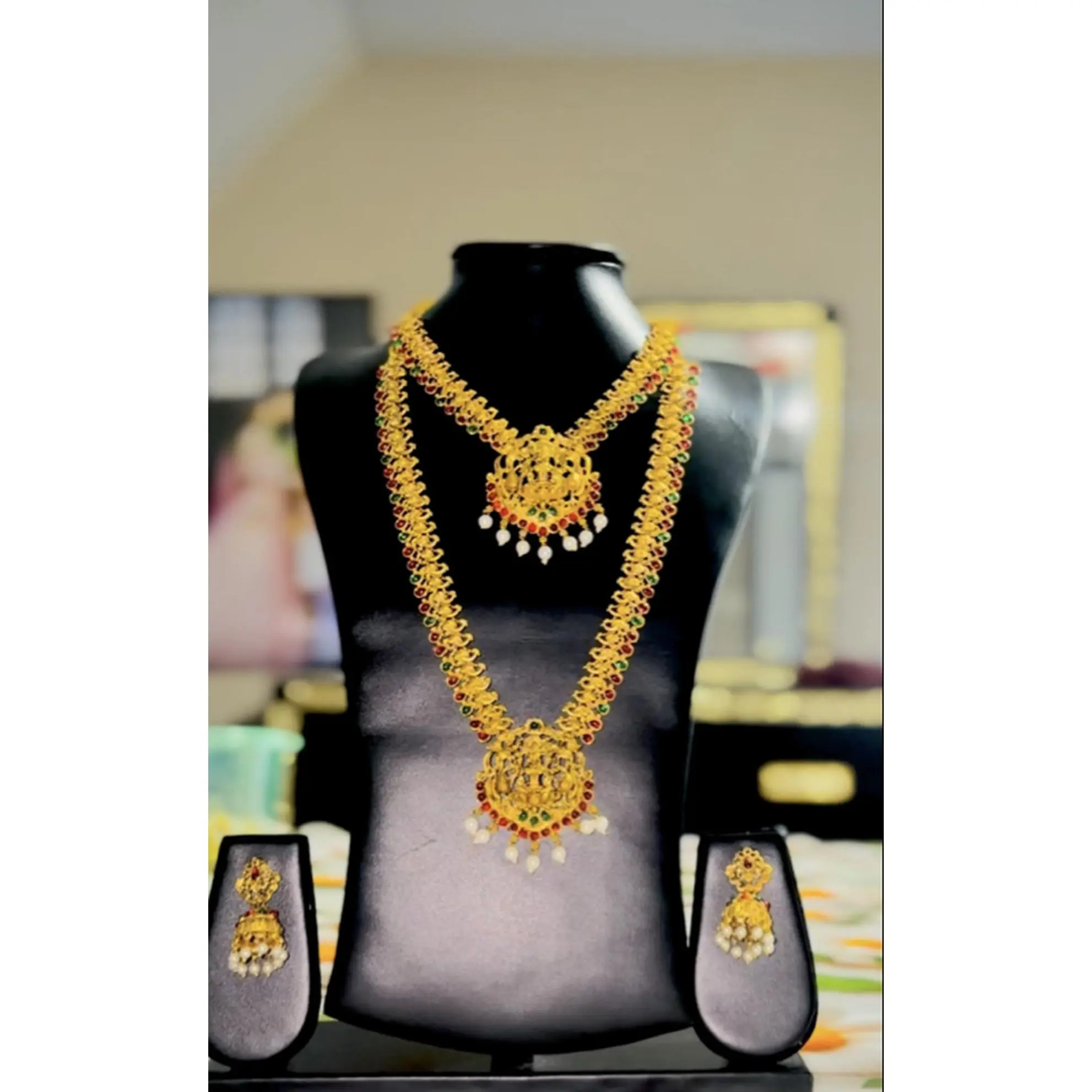 Full Temple Set - Elegant Gold Color Necklace with Matching Earrings and Pendant for Special Occasions