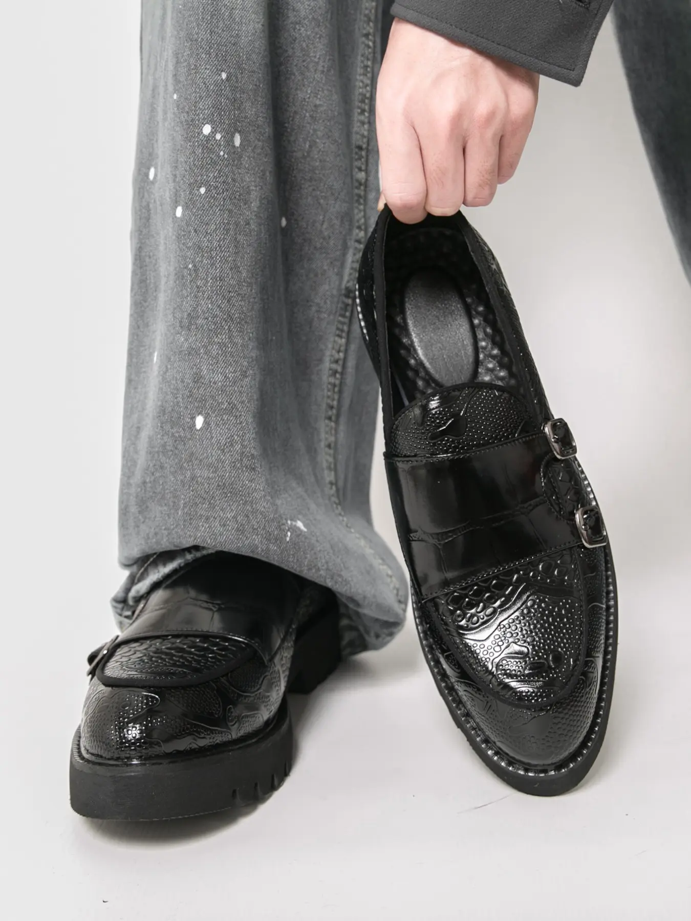 Men's Crocodile Pattern Monk Strap Shoes, Thick Sole Loafer, Glossy Buckle Business Casual Dress Shoes, Anti-Slip Oxford, Wedding Party Versatile