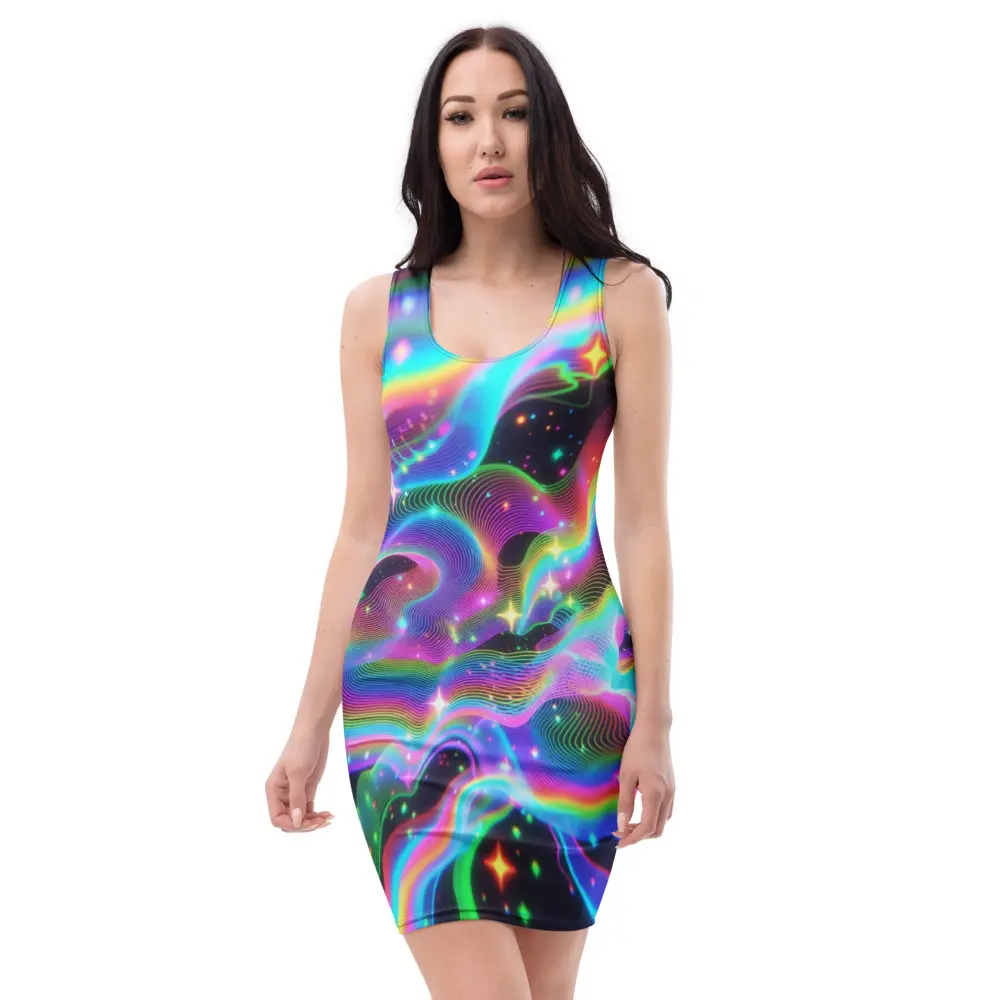 Aurora Galaxy Bodycon Dress, Neon Rainbow Wave Fitted Sleeveless Dress, Rainbow Space Bodycon Dress, Trendy Bold Statement Dress, Chic Party Dress, Night Out Outfit, Gift for Her