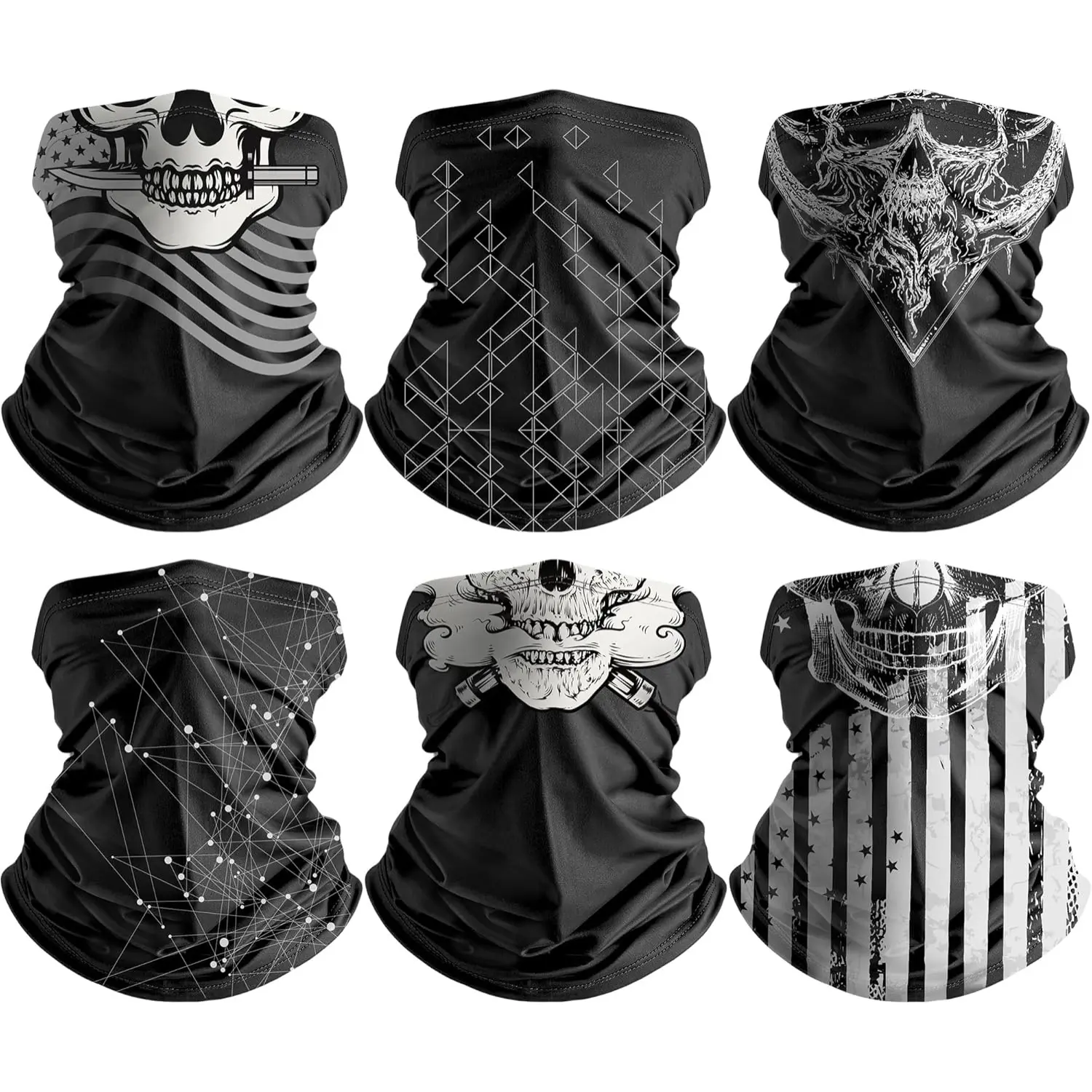 6 Pack Skull Neck Gaiter Face Masks Breathable Windproof Face Cover Balaclava High Elastic Earloop Bandana for Men and Women