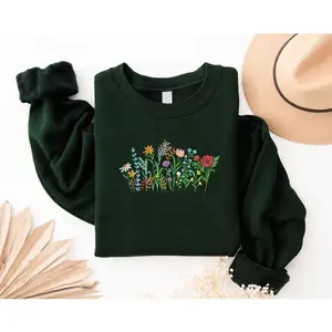 Floral Embroidered Sweatshirt, Boho Cottagecore Wildflowers Sweater, Pressed Flowers Jumpers, Botanical Floral Tee, Unique Gift for Gardener