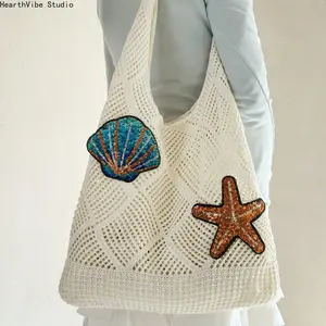 Fashion Women'S Woven Tote Bag, Golden Coin Shell And Starfish Patches, Large Capacity Foldable Portable Handbag, Summer Beach Tote