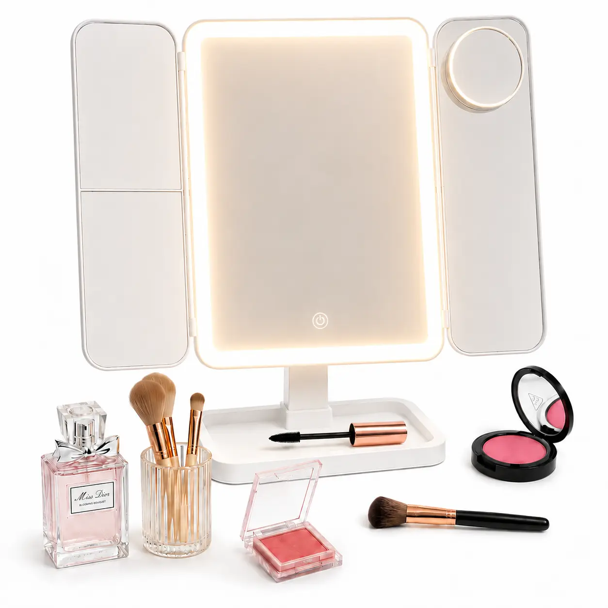 3-Fold Portable Rechargeable LED Light Makeup Mirror, 2x/3x/10x Magnification, Touch Control, Bathroom & Travel Use