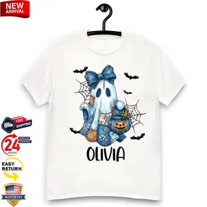 Boy Girl Halloween T-Shirt Featuring Blue Denim Ghost and Trendy Patchwork Spooky Design for Fall Fans