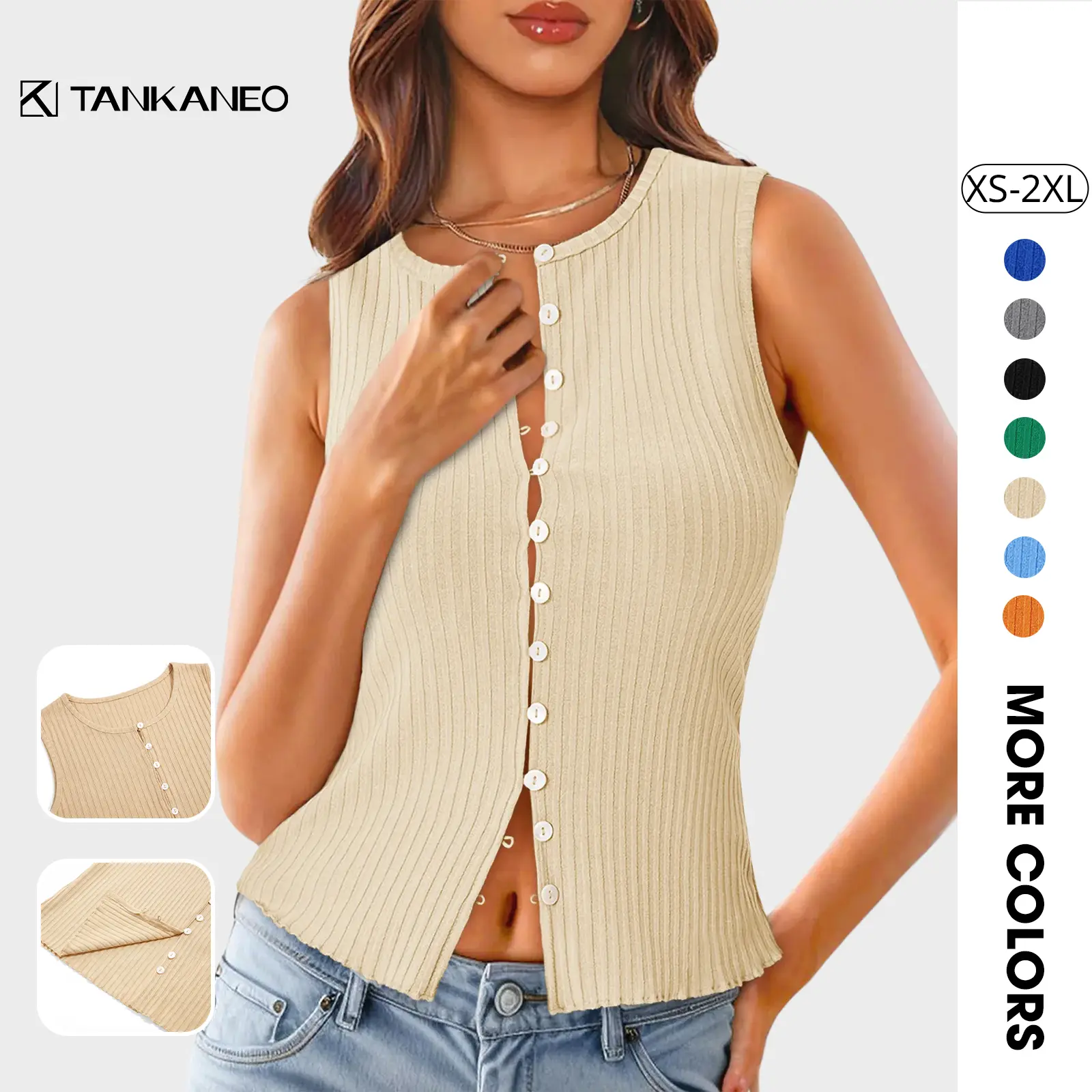 Tankaneo Womens Going Out Tops Summer Cute Ribbed Tank Crop Button Up Vest Top Y2K Sexy Outfits