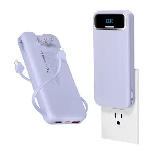 Portable Charger, 12000mAh 22.5W USB C Fast Charging Power Bank with Built-in Cables and AC Wall Plug, Smart LED Display Travel Essentials Battery Pack Compatible with iPhone, iPad, Samsung etc Purple
