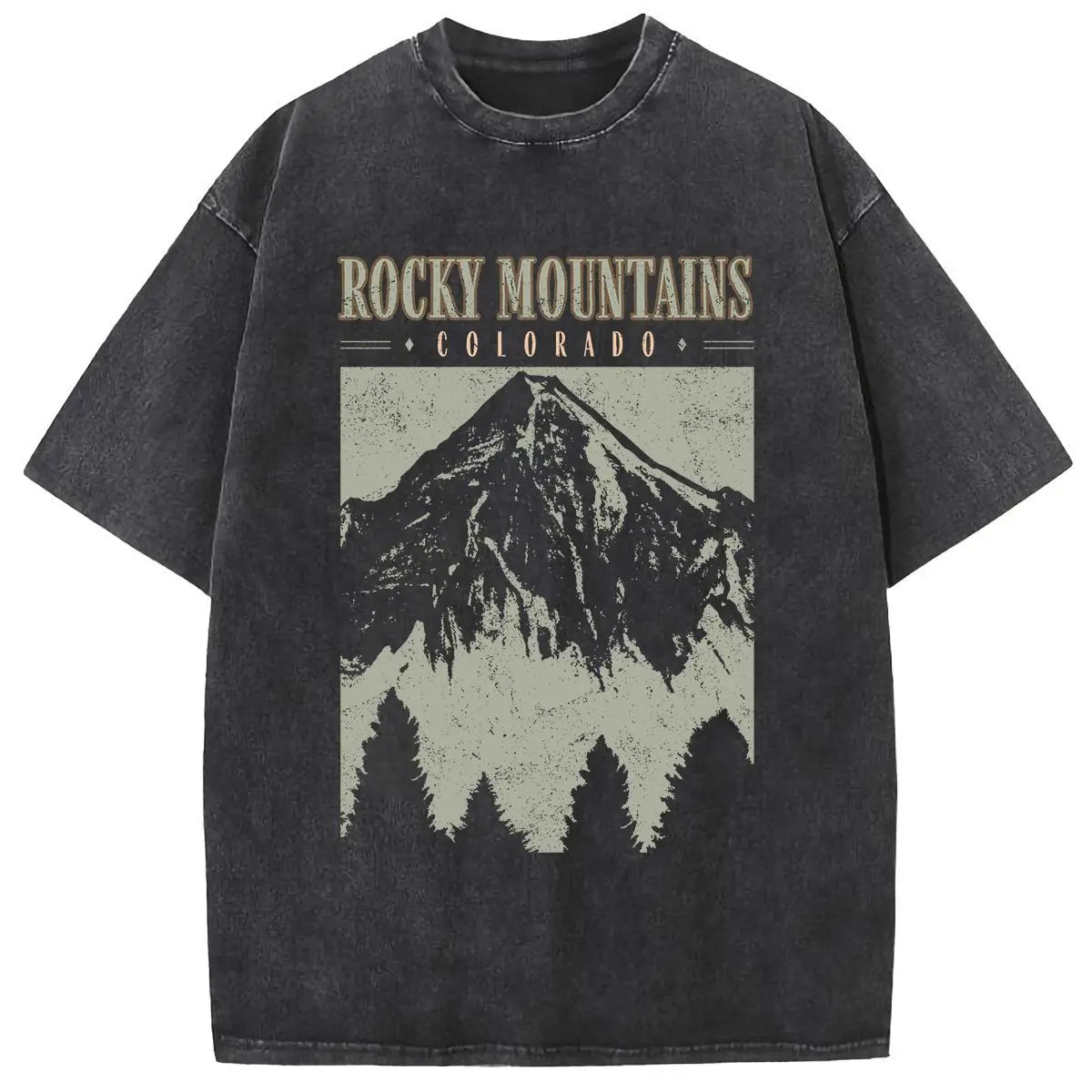 Oversize Acid Wash Vintage Mountain pattern T-Shirt Heavyweight  Streetwear graphic vintage tees Menswear Crewneck Tshirt