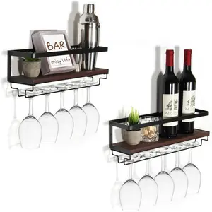 Wine Glass Holder Wall Mounted, Hanging Wine Glass Rack for Wine Bottles, Bar Shelf Wall Mounted with Stemware Hanger, Bar Glass Holder for Dining Room Home Kitchen