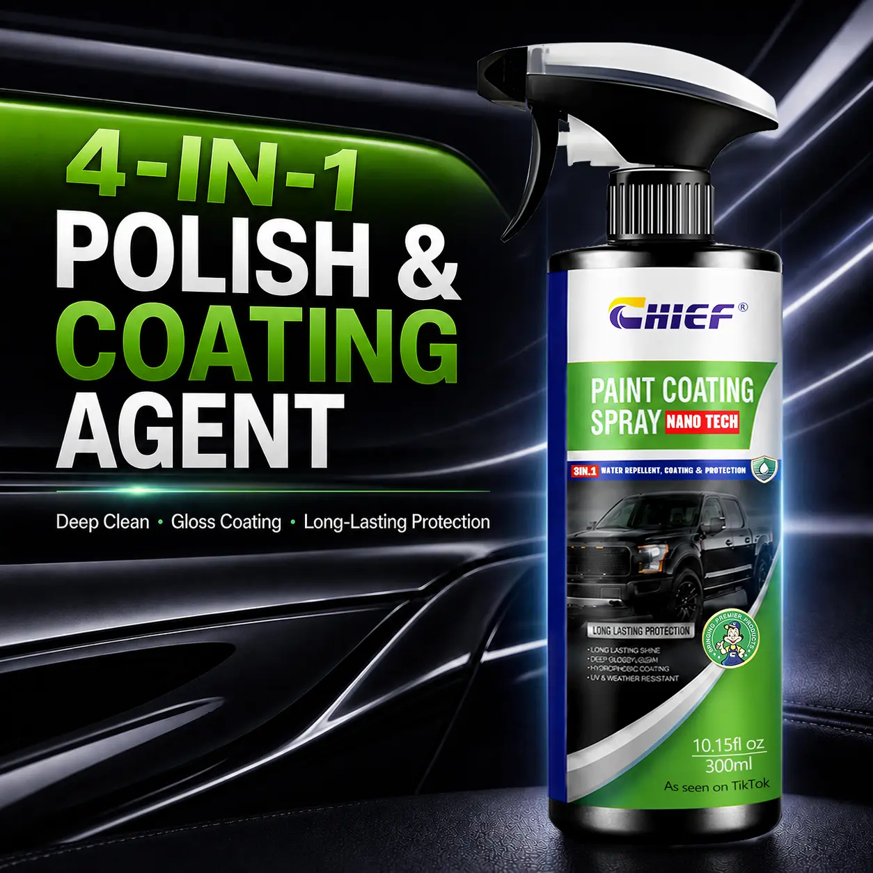 CHIEF 4-in-1 Advanced Nano Ceramic Coating Agent, 16.9 fl oz Car Detailing Spray - Professional Polish, Surface Cleaner, Ceramic Spray Sealant Wet Wax, Liquid Car Wax for Radiant Paint Finish, Locks in Protection & Enables Minimal Maintenance