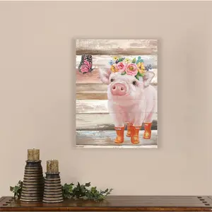 Funny Piggy and Pink Butterfly Pig Pictures Wall Art Farmhouse Wall Decor Farm Animal Canvas Poster Mural for Bedroom Bathroom and Kitchen Framed and Ready to Hang 10"x15"