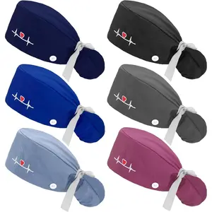 6 Pack Adjustable Bouffant Nurse Hats Solid Color Work Hat with Buttons Bouffant Turban Fashion Accessories