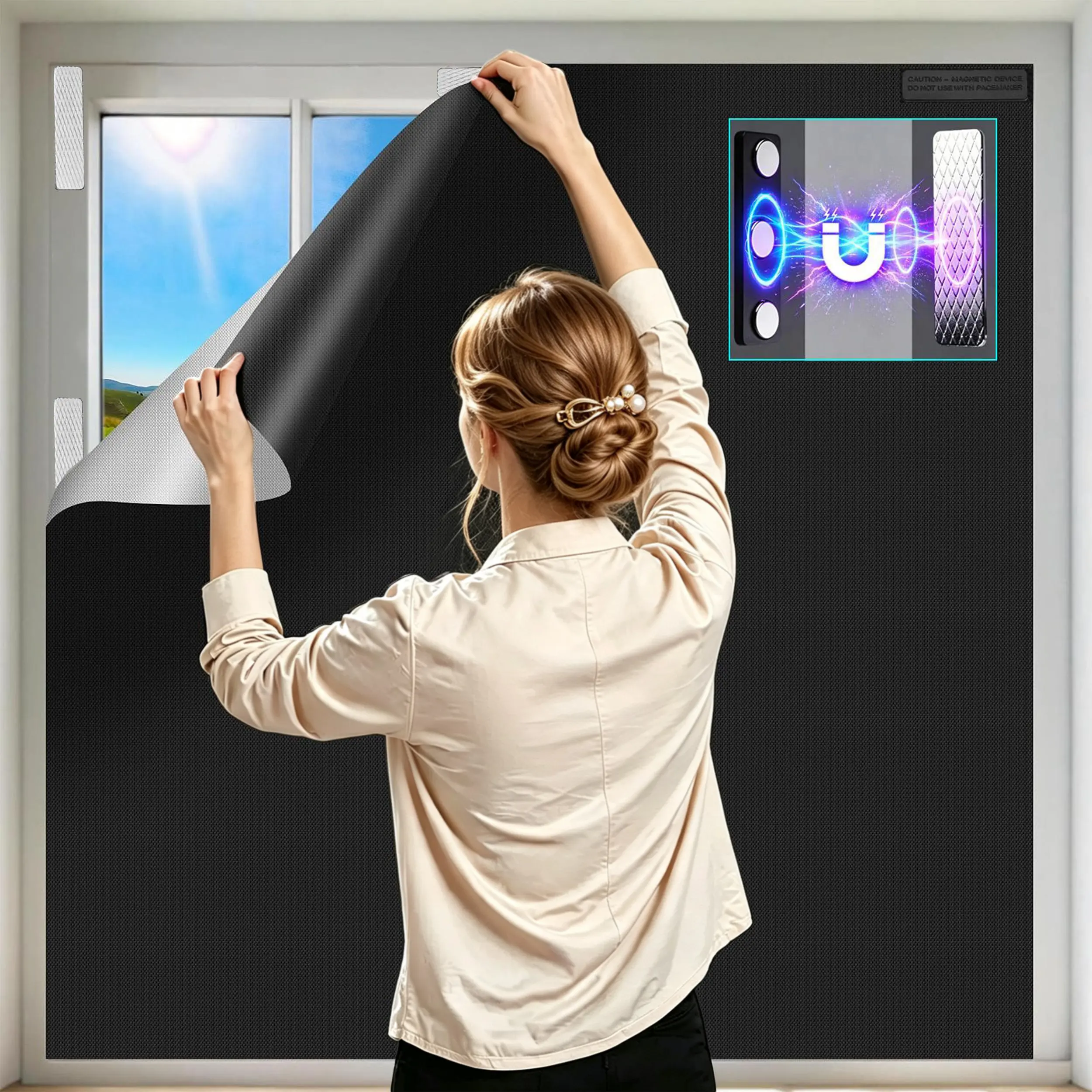 Portable Blackout Window Cover - Adhesive, No-Drill, Cuttable Thermal Shades with Magnetic Clip, Bedroom Use, Large Size 137x57 in, Travel Ready for Dorm RV