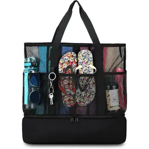 Beach Bag with Cooler,Mesh Beach Bags for Women Sandproof for Pool and Swimming Travel Daily with Durable 8 Pocket