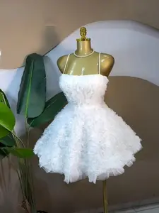 PULKRITU Elegant Feminine Women's Rose Floral Thin Strap Backless Dress, Mini A-Line Skirt, Street Style Birthday Party Dress, Sexy Formal Evening Gown