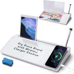 Desktop Glass Whiteboard with  Charger Station, Dry Erase Board Computer Pad Keyboard Stand with Organizer Drawer for Home, School, Office Desk Accessories, White