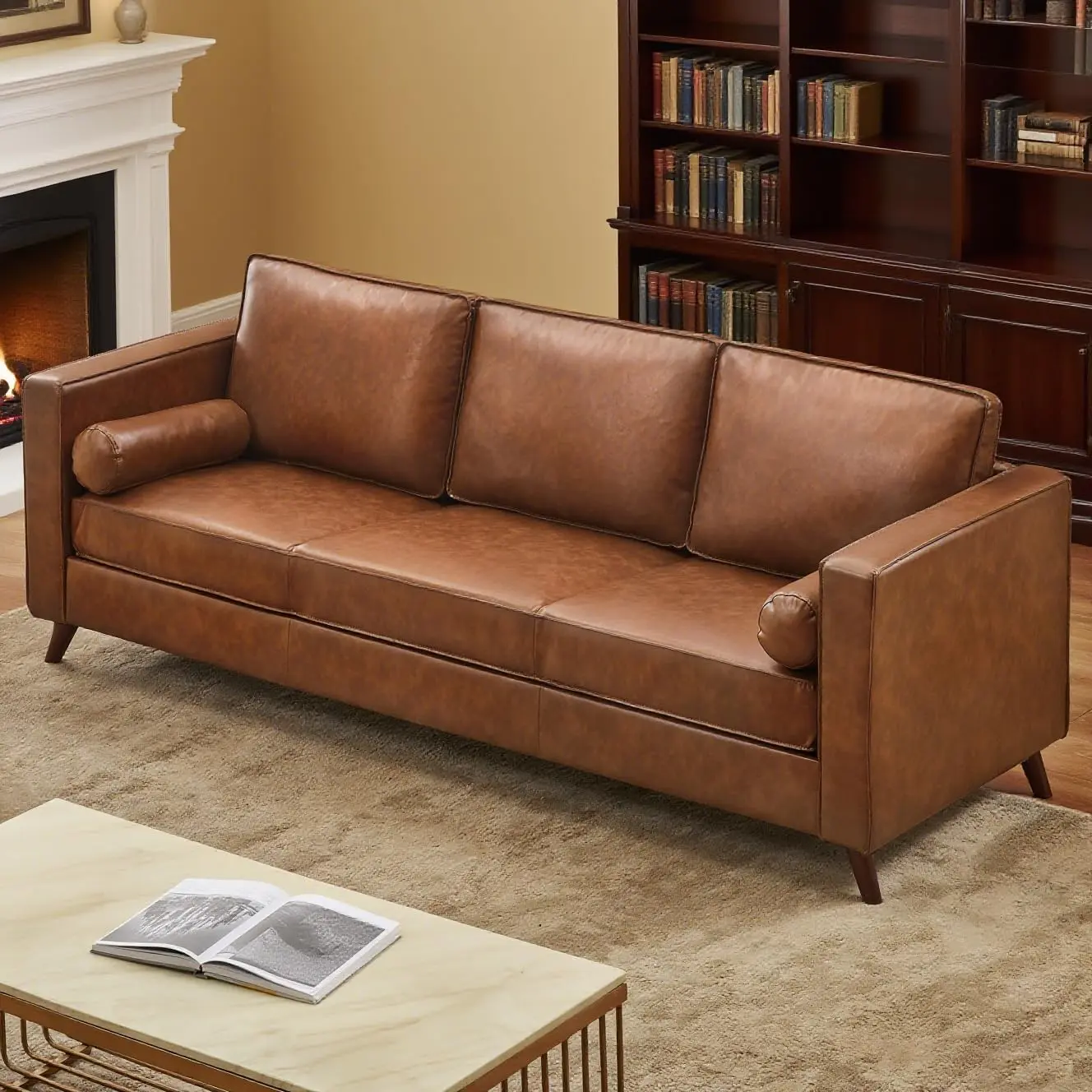 81 in Mid-Century Modern Faux Leather 3-Seater Sofa, Deep Seat PU Upholstery Couch with Removable Cushion Covers, Easy Setup for Living Room, Brown