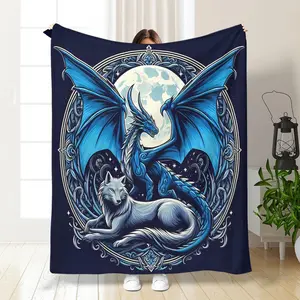 Dragon & Wolf Pattern Blanket, Soft Throw Blanket, Air-conditioned Room Warm Nap Blanket for Home Office Travel Camping