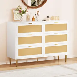 6-Drawer Side Table Dresser - Wide Modern White Rattan Panels, Gold Metal Legs, Gold-Handled Natural Wood Storage Organizer, Easy Setup for Bedroom, Living Room