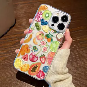 A clear shell phone case featuring an artistic fruit design, offering full-body protection, made of TPU material. It has anti-drop and anti-scratch properties and is suitable for iPhone 16, 15, 14, 13, 12, 11, XS, XR, Plus, Pro, and Max models