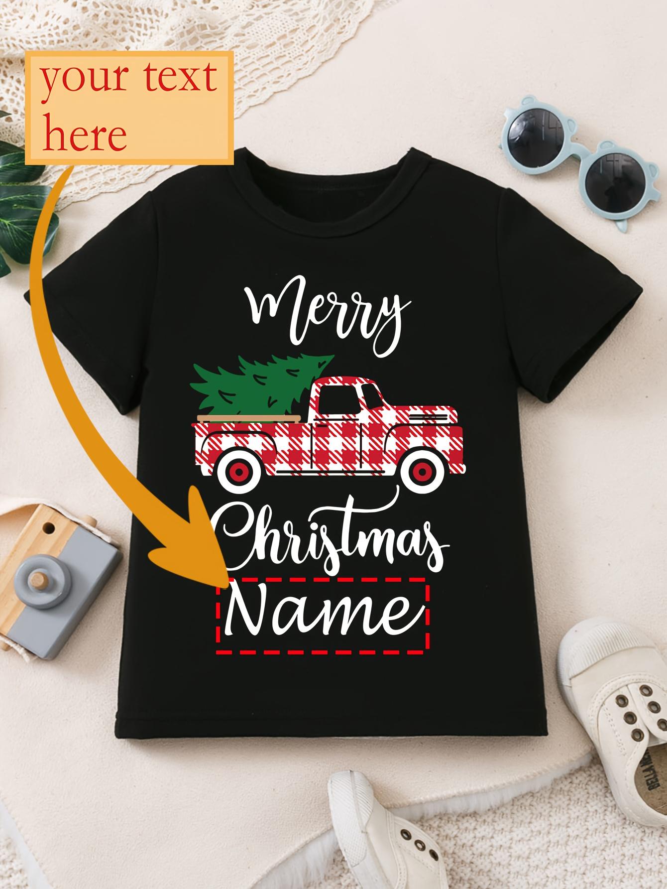 Christmas Boy's T-shirt Name Customization Christmas Happy Letter Christmas Tree and Truck Pattern Printing Trendy Comfortable Round Neck Short Sleeve Top (3-13Y)
